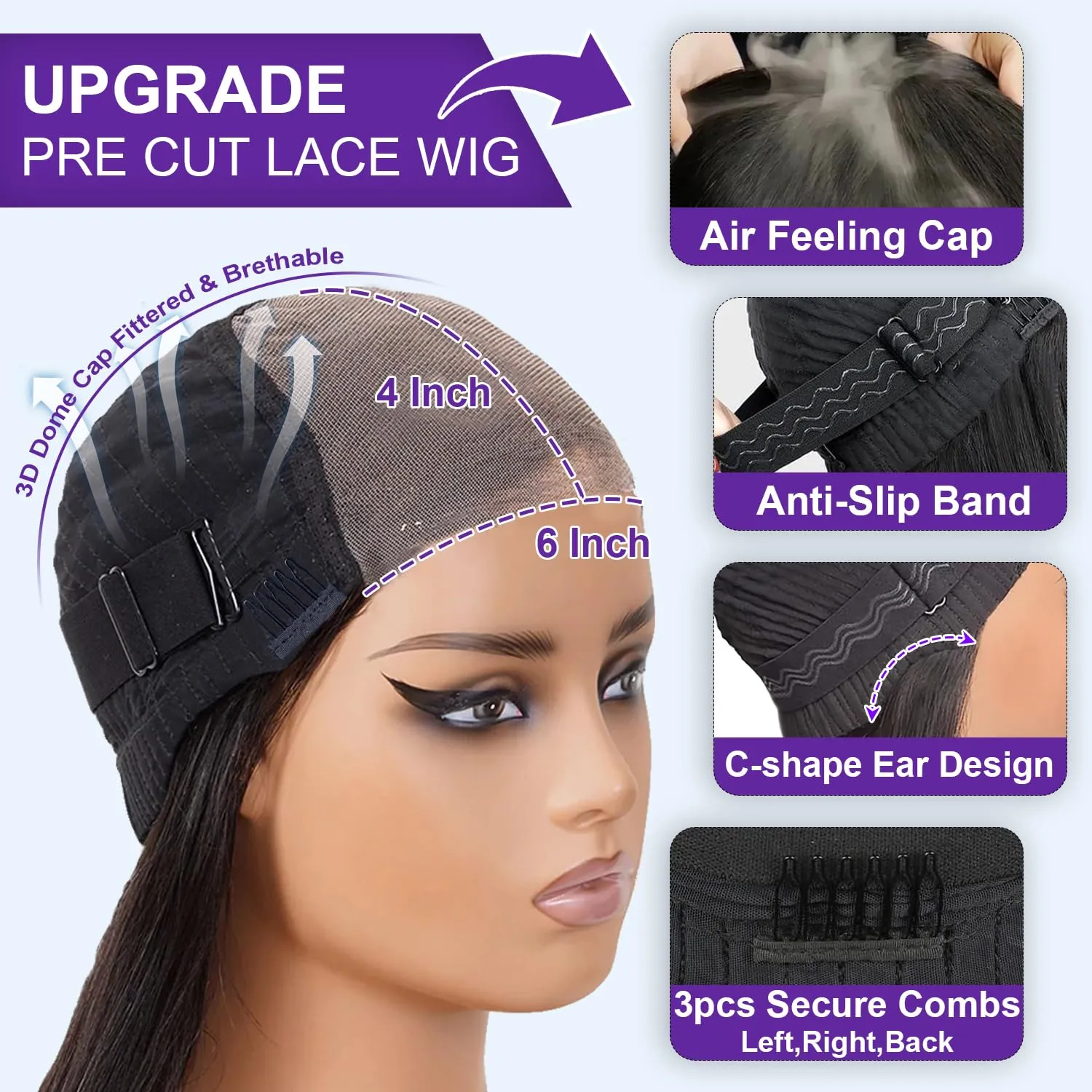 28 Inch 250% Density 6x4 Wear and Go Glueless Wigs Human Hair Pre Plucked Pre Cut 260g Skinlike HD Straight Glueless Lace Closure 100% Human Hair Wigs for Black Women Small Knots Middle Part