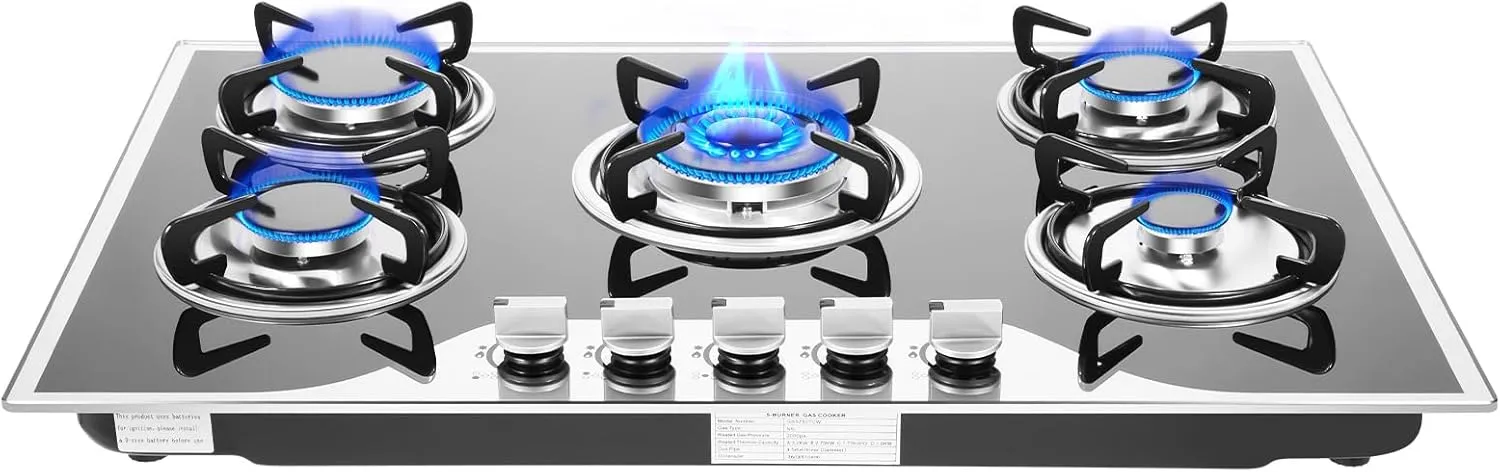30 inch Gas Cooktop 5 Burners Stainless Steel Tempered Glass Built-in Gas Hob for LPG/NG Convertible Dual Fuel Stove Top Easy to Clean