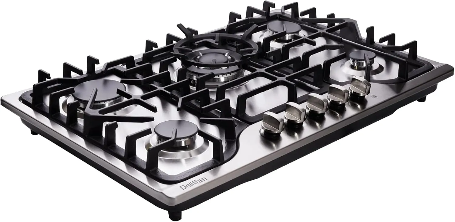 30 Inch Gas Cooktop DT57043 Built-in Stainless Steel 5 Burners Gas Stovetop LPG/NG Convertible Dual Fuel Gas Hob