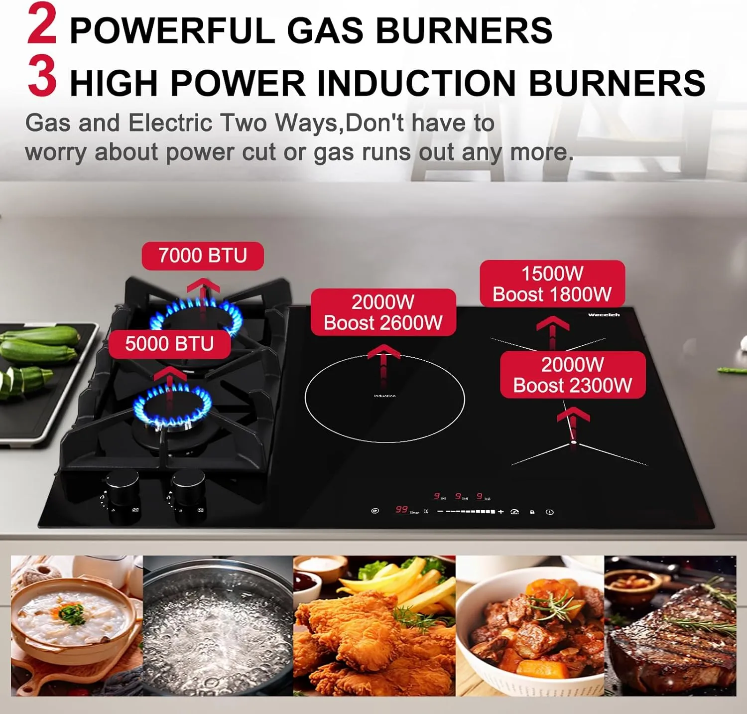 30 Inch Gas Cooktop Mix Induction Cooktop Combo with 5 Burners Built-in Hybrid 12000 BTU Boost 6700W,Grill Bridge Mode 9 Power Levels Safety Lock