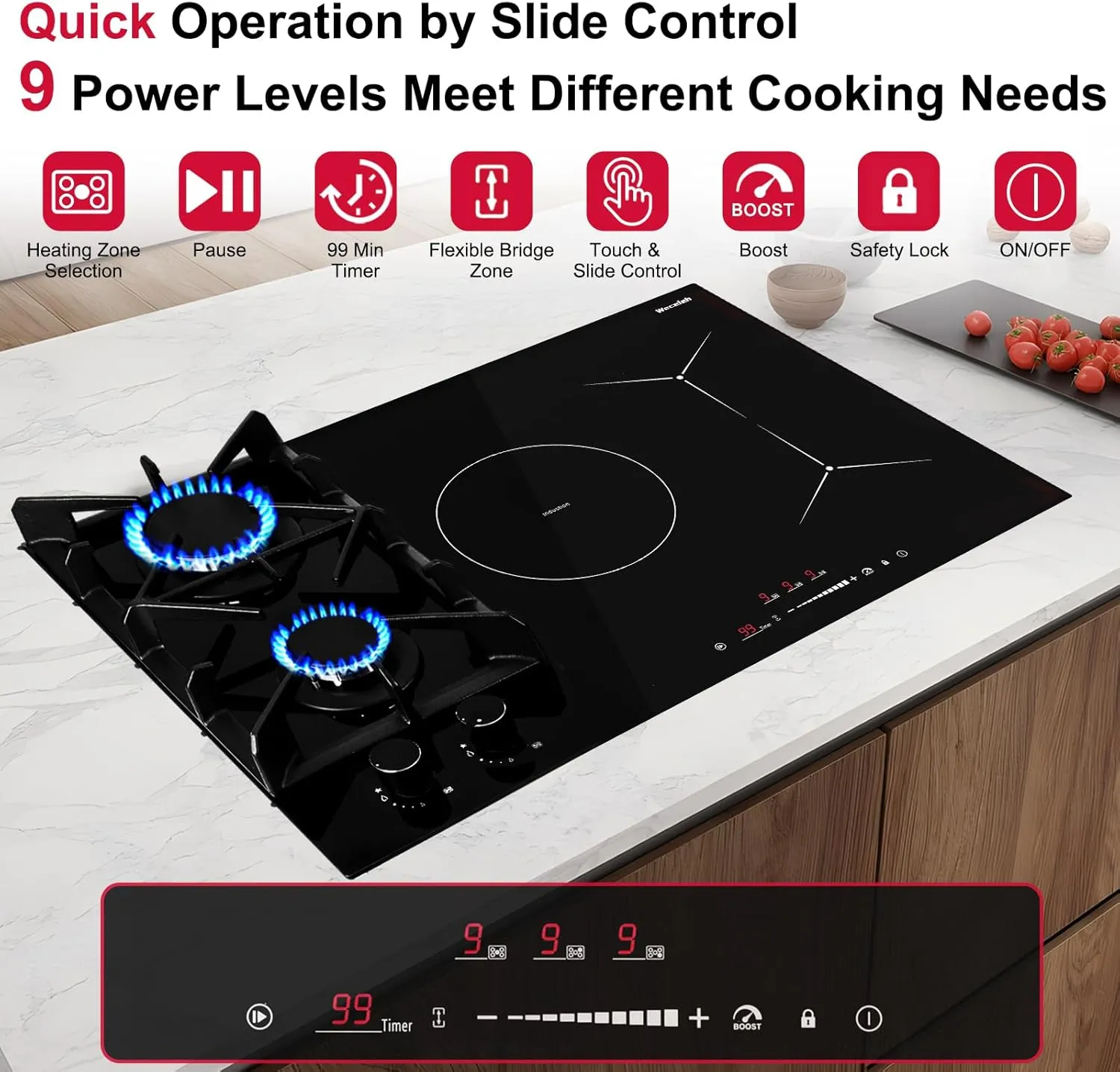 30 Inch Gas Cooktop Mix Induction Cooktop Combo with 5 Burners Built-in Hybrid 12000 BTU Boost 6700W,Grill Bridge Mode 9 Power Levels Safety Lock