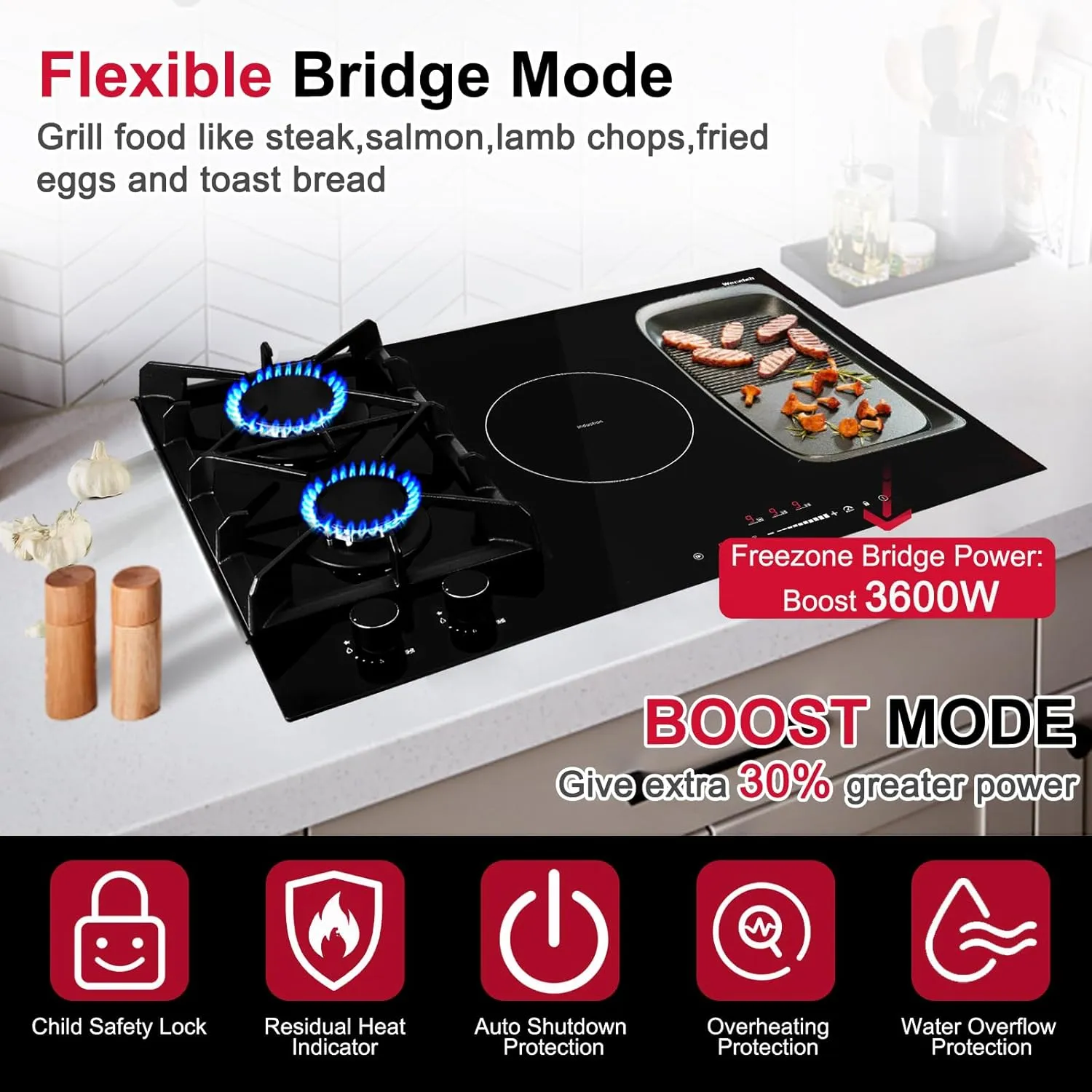 30 Inch Gas Cooktop Mix Induction Cooktop Combo with 5 Burners Built-in Hybrid 12000 BTU Boost 6700W,Grill Bridge Mode 9 Power Levels Safety Lock