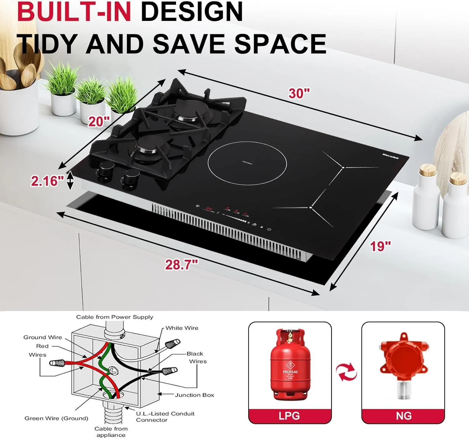 30 Inch Gas Cooktop Mix Induction Cooktop Combo with 5 Burners Built-in Hybrid 12000 BTU Boost 6700W,Grill Bridge Mode 9 Power Levels Safety Lock