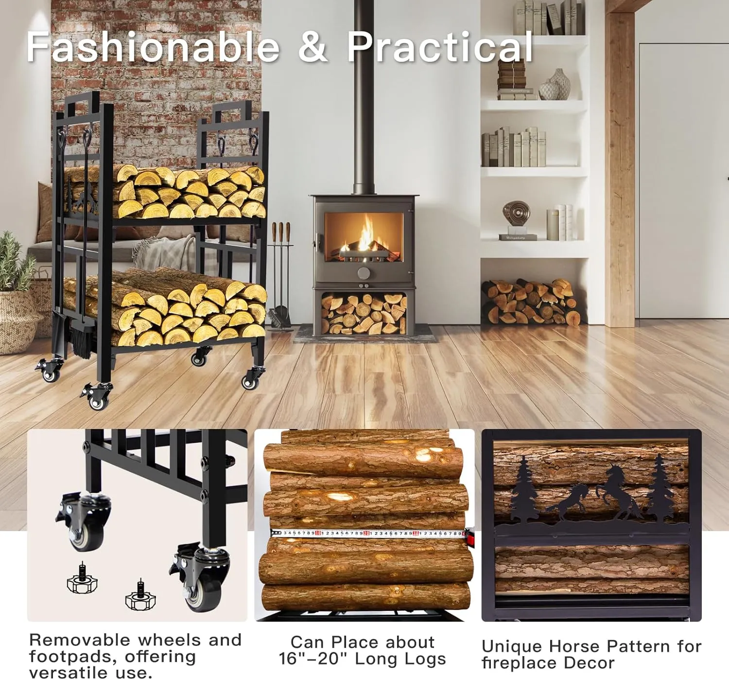 31.7" Firewood Rack Indoor, 2-Tier Log Rack Outdoor for Firewood, Fire Wood Storage Racks with Heavy Duty Metal, Black