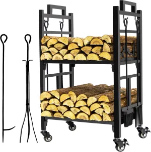 31.7" Firewood Rack Indoor, 2-Tier Log Rack Outdoor for Firewood, Fire Wood Storage Racks with Heavy Duty Metal, Black