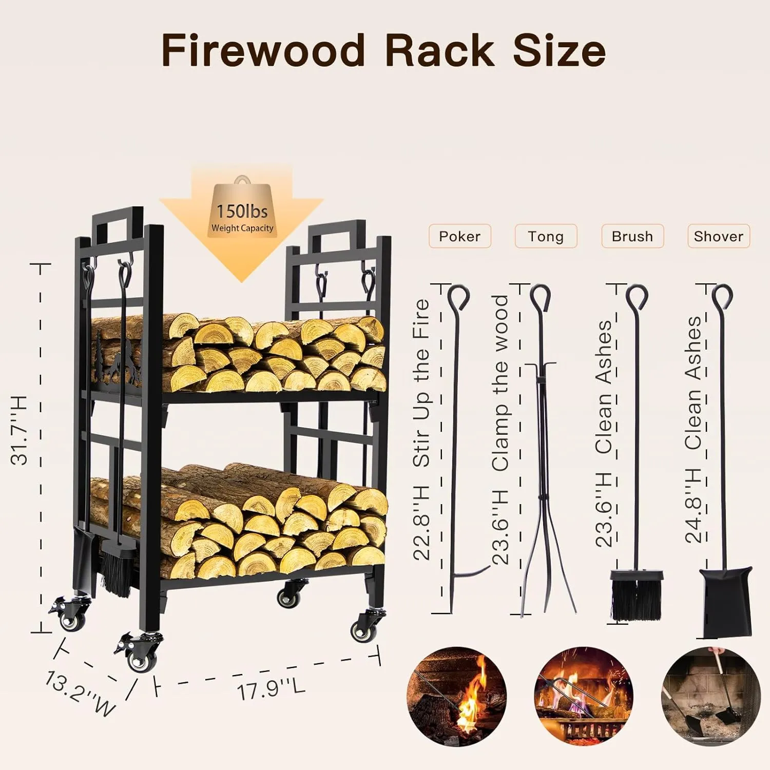 31.7" Firewood Rack Indoor, 2-Tier Log Rack Outdoor for Firewood, Fire Wood Storage Racks with Heavy Duty Metal, Black