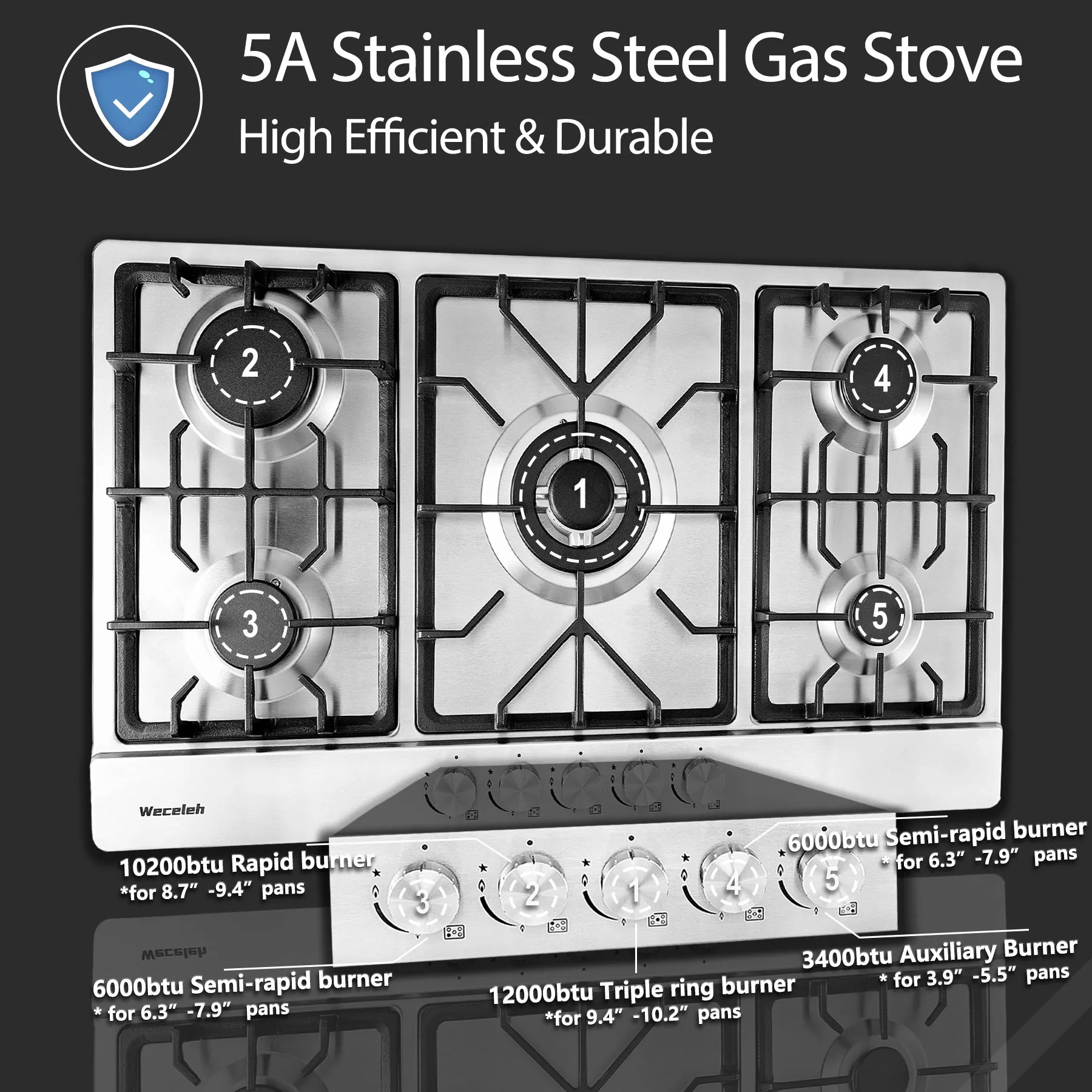 34" Gas Cooktop with Dual Size Power Burner Dual Fuel 5 Burner