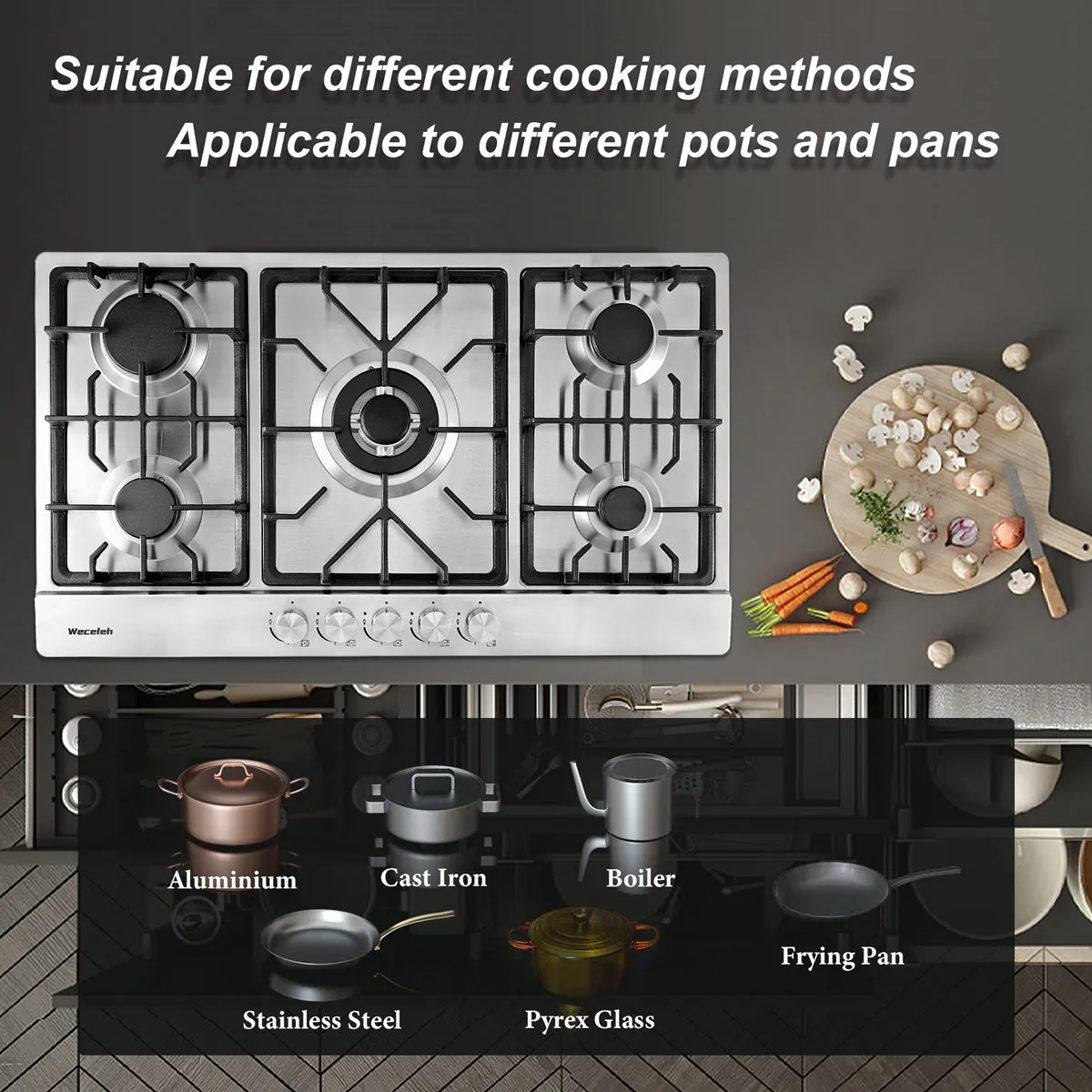 34" Gas Cooktop with Dual Size Power Burner Dual Fuel 5 Burner
