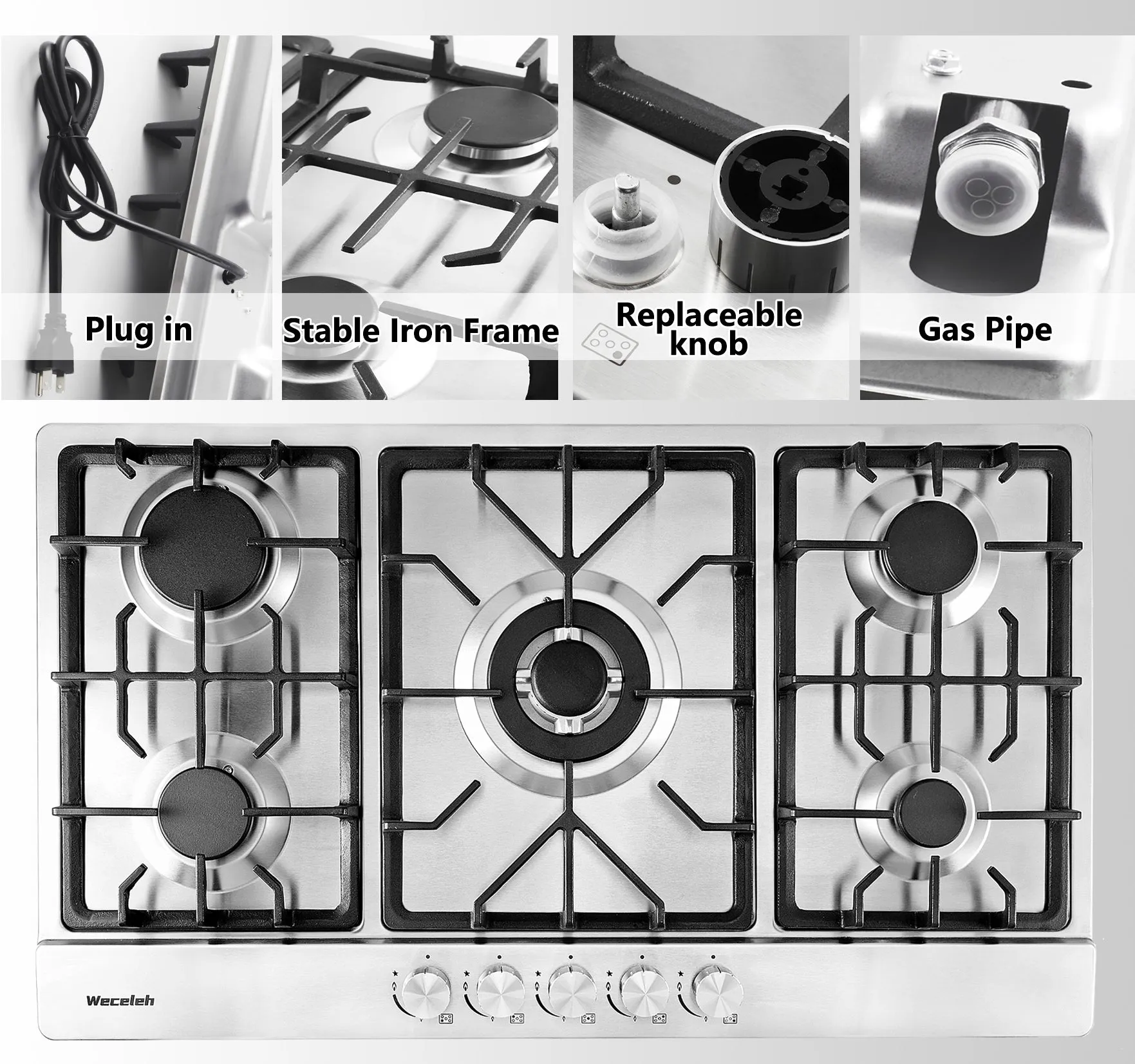 34" Gas Cooktop with Dual Size Power Burner Dual Fuel 5 Burner