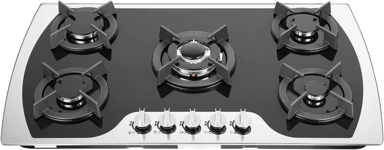 35.4 Inch Gas Cooktop, 5 Burners Built-in Tempered Glass Stove Top, NG/LPG Convertible Dual Fuel Natural Gas Hob, Thermocouple Protection for Camping, RV, Apartment