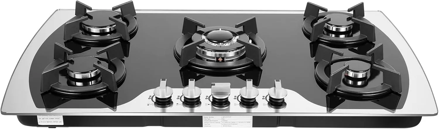 35.4 Inch Gas Cooktop, 5 Burners Built-in Tempered Glass Stove Top, NG/LPG Convertible Dual Fuel Natural Gas Hob, Thermocouple Protection for Camping, RV, Apartment