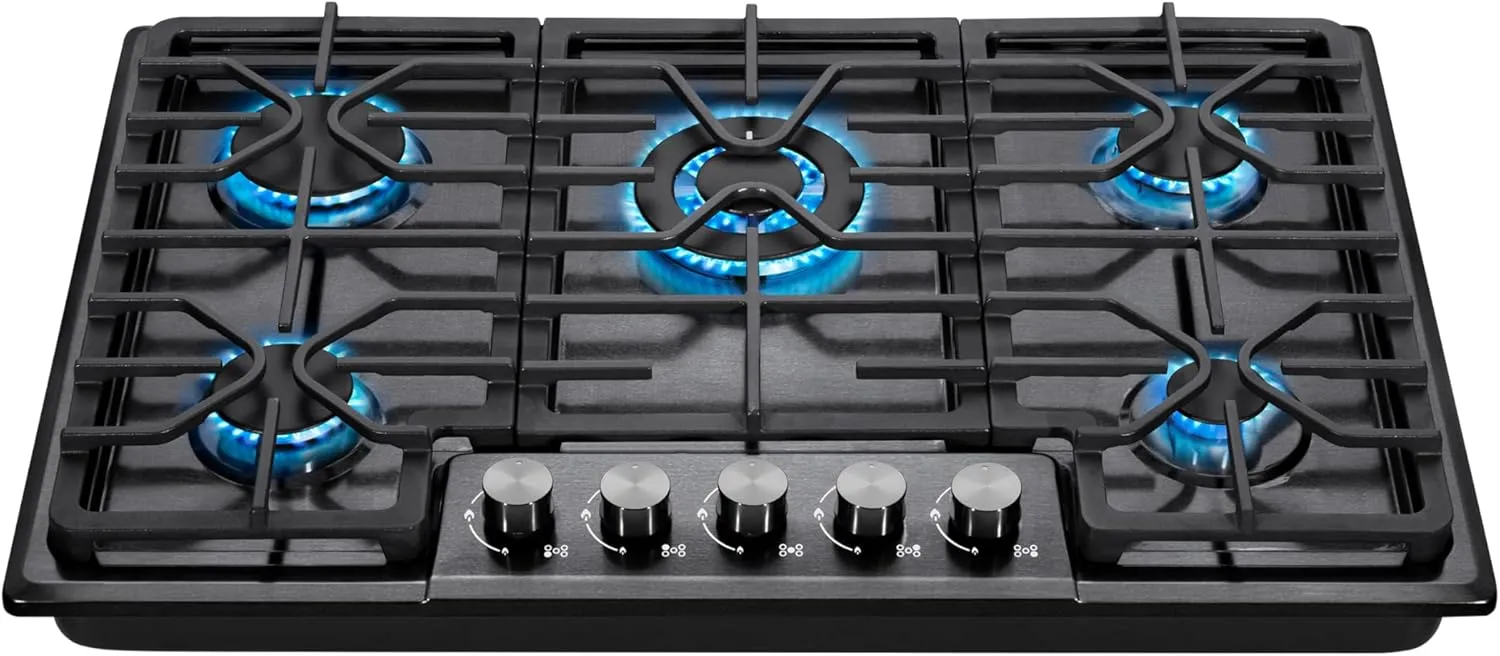 5 Burner Gas Cooktop Black, 30 Inch LPG/NG Dual Fuel Drop in Gas Stove Top, Stainless Steel Electronic Ignition for Apartment, Outdoor, RV