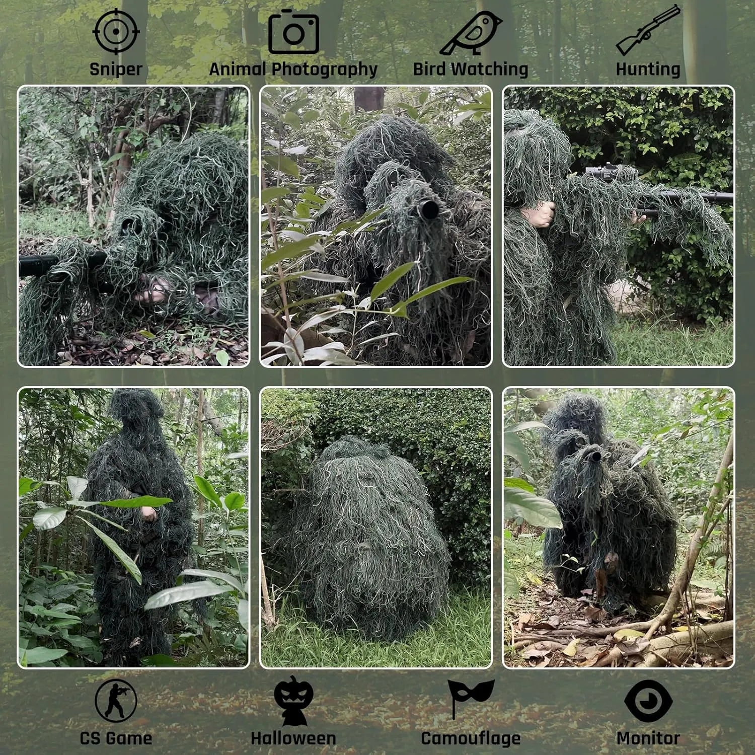 5 in 1 Ghillie Suit,3D Camouflage Hunting Apparel Including Jacket,Pants,Hood,Carry Bag for Kids Adults/Youth