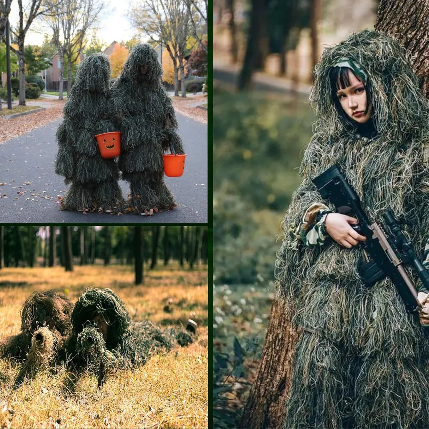 5 in 1 Ghillie Suit,3D Camouflage Hunting Apparel Including Jacket,Pants,Hood,Carry Bag for Kids Adults/Youth