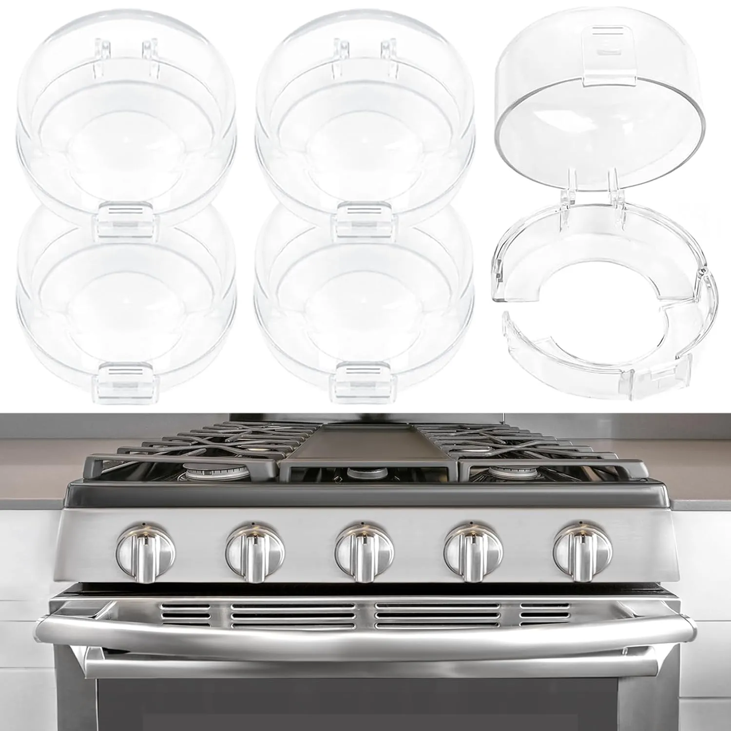 5-Pack Stove Knob Covers for Child Safety, Gas Stove Knob Locks Child Proof Oven Knob Locks for Babies and Pets, Easy to Install, Universal Size, Upgrade Heat-Resistant Material (Clear)