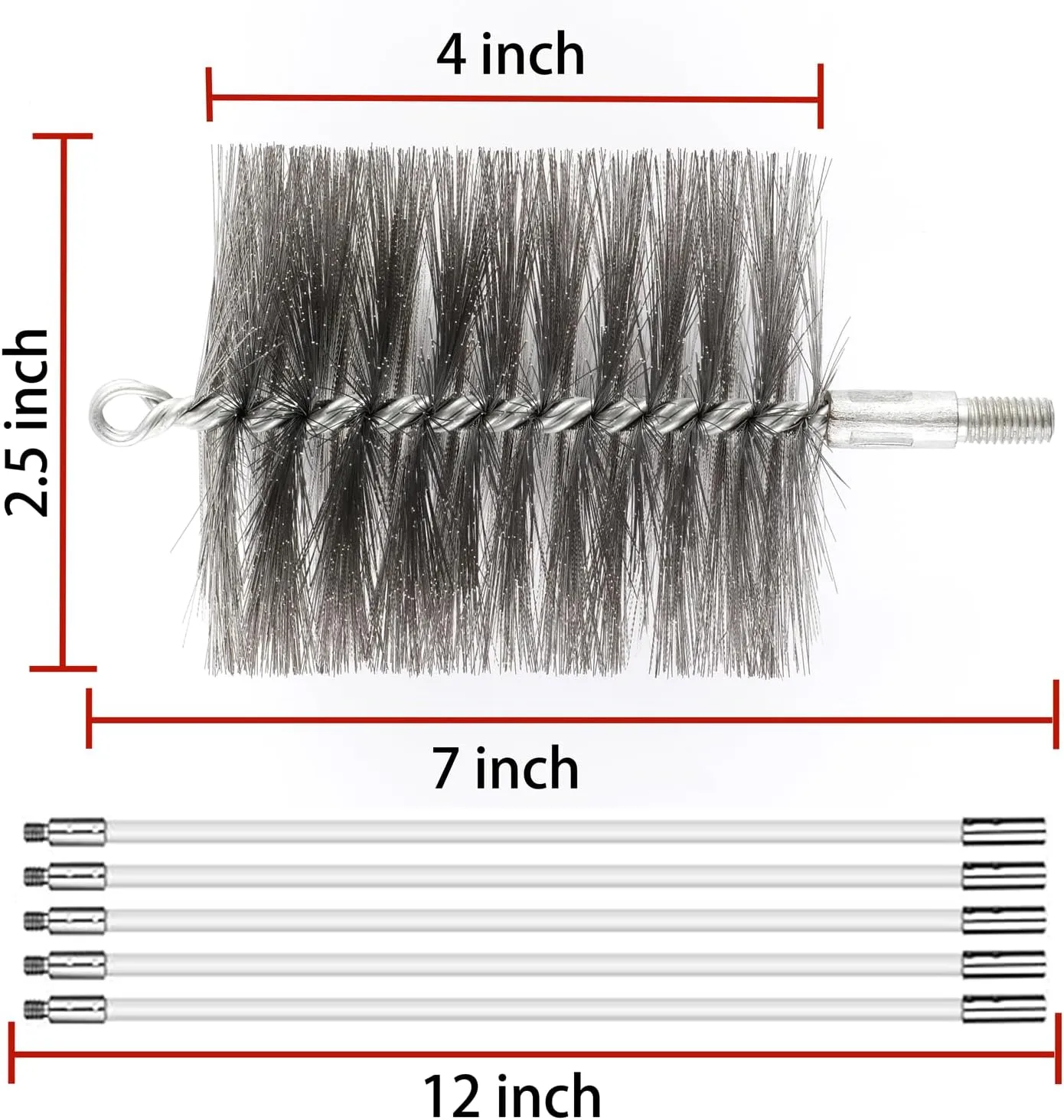 50-inch Long Tent Wood Burning Stove Pipe Cleaning Brush with Stainless Steel Bristles, and Chimney Cleaning Wire Brush with 4 Flexible Rods, 2.5'' Brush Heads