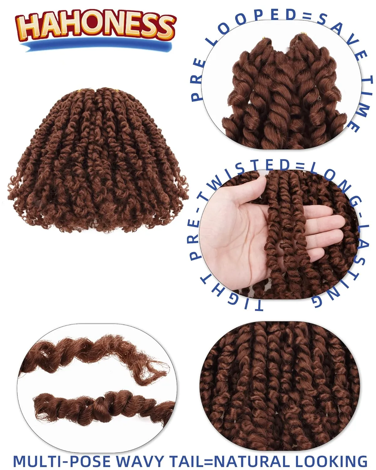 6 Inches 8 Packs Super Short Passion Twist Crochet Hair for Black Women and Kids-Brown Pre Looped Pretwisted Soft Lightweight Hair Extension Braided by Spring Kinky Bohemian Curls(6"-8 Packs,30#)