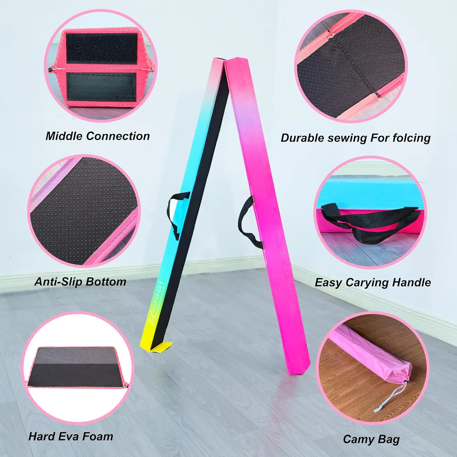 6FT/9FT Folding Balance Beam for Kids ages 3-15- Foldable Gymnastics Floor Beam,Anti-Slip ,Carrying Bag, Faux Suede Covered,EVA foam,Gymnastics Equipment for Kids Training At Home,School,Gym Center