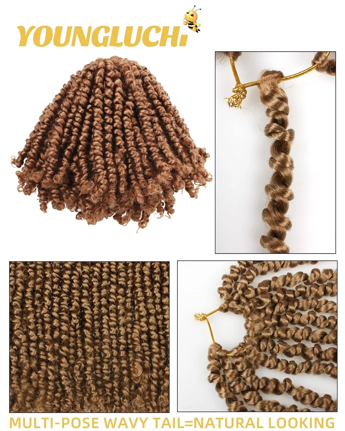 7 Packs 6 Inch Pre Looped Pretwisted Passion Twist Crochet Hair for Women-Natural Blonde Super Short Soft & Bouncy Crochet Hair Extensions Braided by Synthetic Spring Kinky Twist Bohemian Curls(27#)