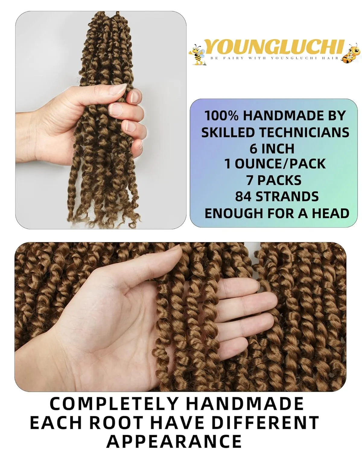 7 Packs 6 Inch Pre Looped Pretwisted Passion Twist Crochet Hair for Women-Natural Blonde Super Short Soft & Bouncy Crochet Hair Extensions Braided by Synthetic Spring Kinky Twist Bohemian Curls(27#)