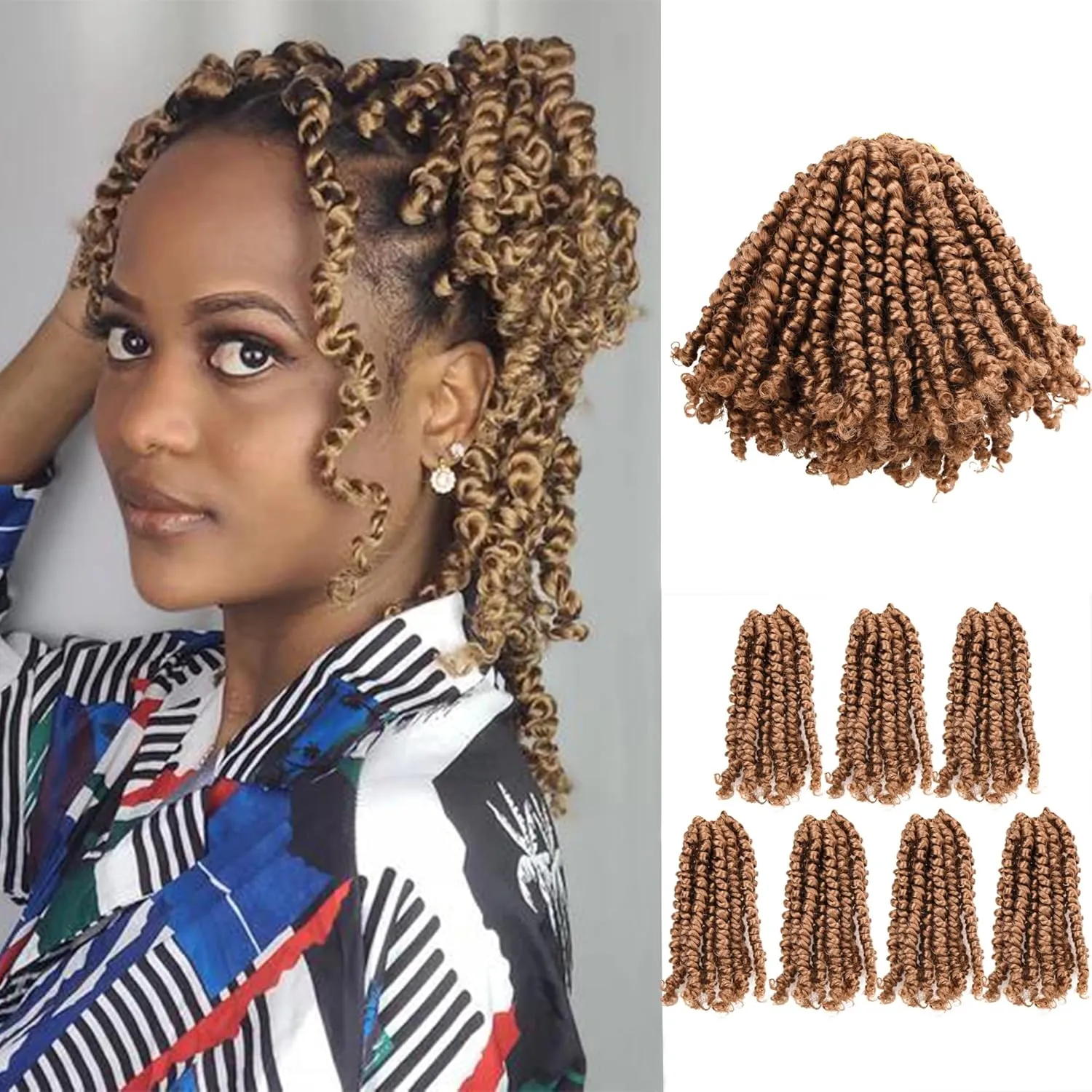 7 Packs 6 Inch Pre Looped Pretwisted Passion Twist Crochet Hair for Women-Natural Blonde Super Short Soft & Bouncy Crochet Hair Extensions Braided by Synthetic Spring Kinky Twist Bohemian Curls(27#)