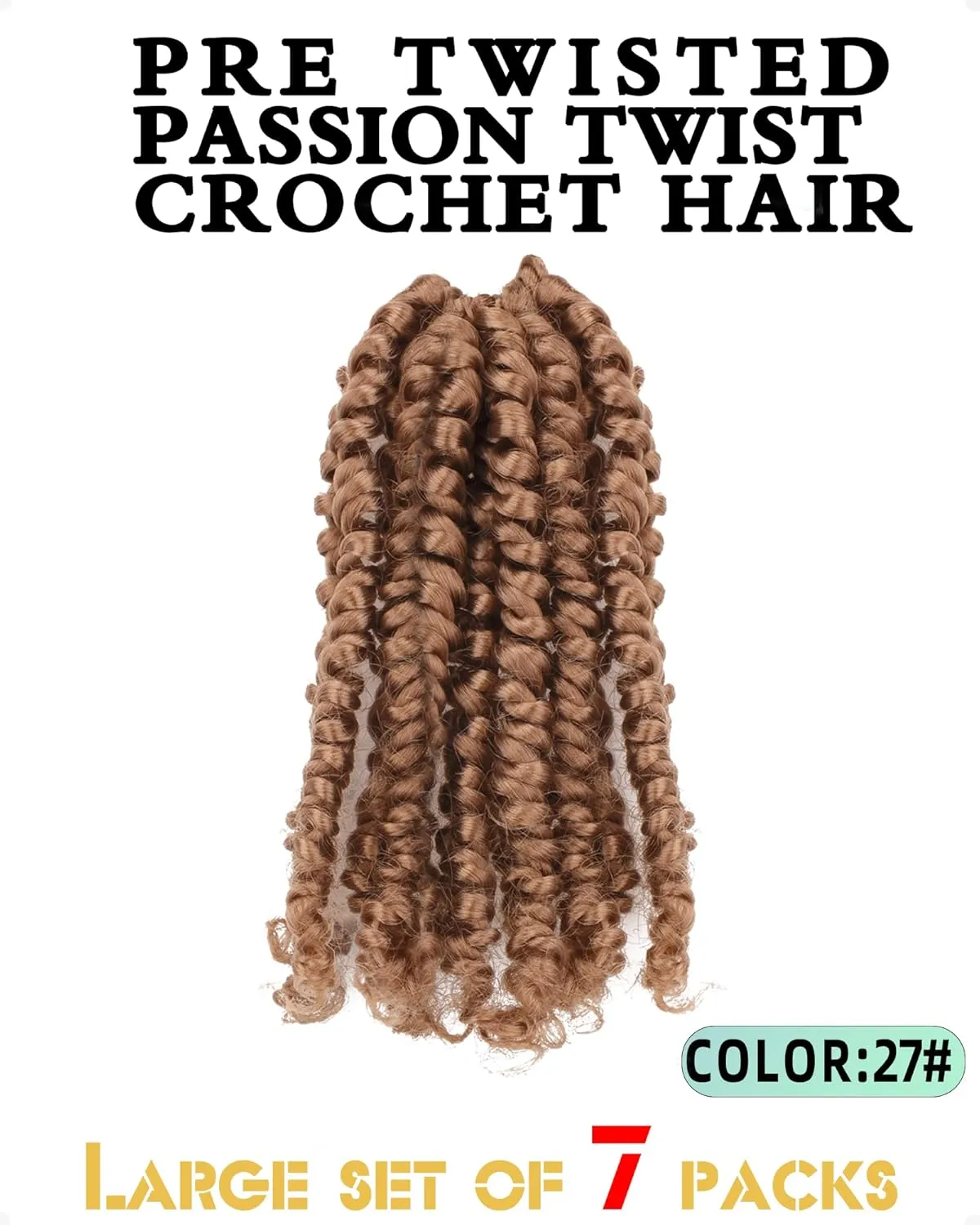 7 Packs 6 Inch Pre Looped Pretwisted Passion Twist Crochet Hair for Women-Natural Blonde Super Short Soft & Bouncy Crochet Hair Extensions Braided by Synthetic Spring Kinky Twist Bohemian Curls(27#)