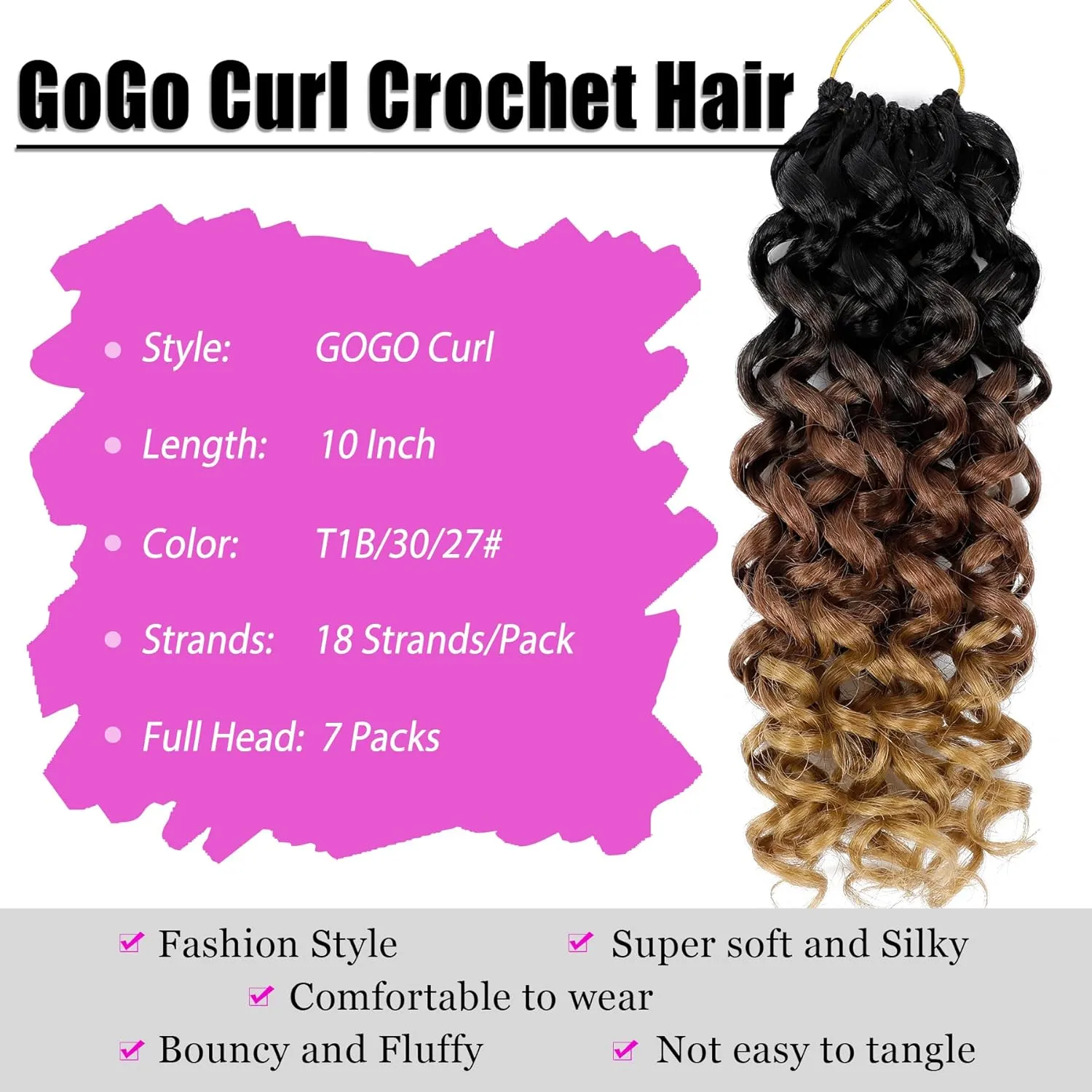 7 Packs GoGo Curl Crochet Hair 10 Inch Short Curly Crochet Hair Beach Curl Water Wave Crochet Braids Synthetic Hair Extensions (10 Inch, T1B/30/27)