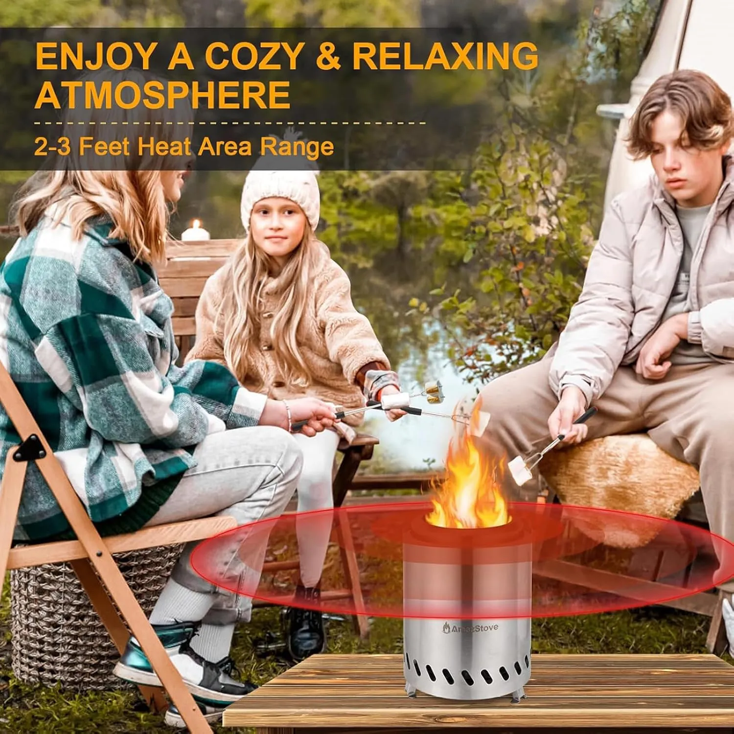 7 x 5.8 Inch Tabletop Fire Pit, Low Smoke Camping Stove for Outdoor Safe Burning Firepits, Fueled Pellets or Wood, Smokeless Firepit with Fireproof Mat, Travel Bag and Sticks, Silver