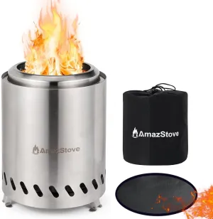 7 x 5.8 Inch Tabletop Fire Pit, Low Smoke Camping Stove for Outdoor Safe Burning Firepits, Fueled Pellets or Wood, Smokeless Firepit with Fireproof Mat, Travel Bag and Sticks, Silver