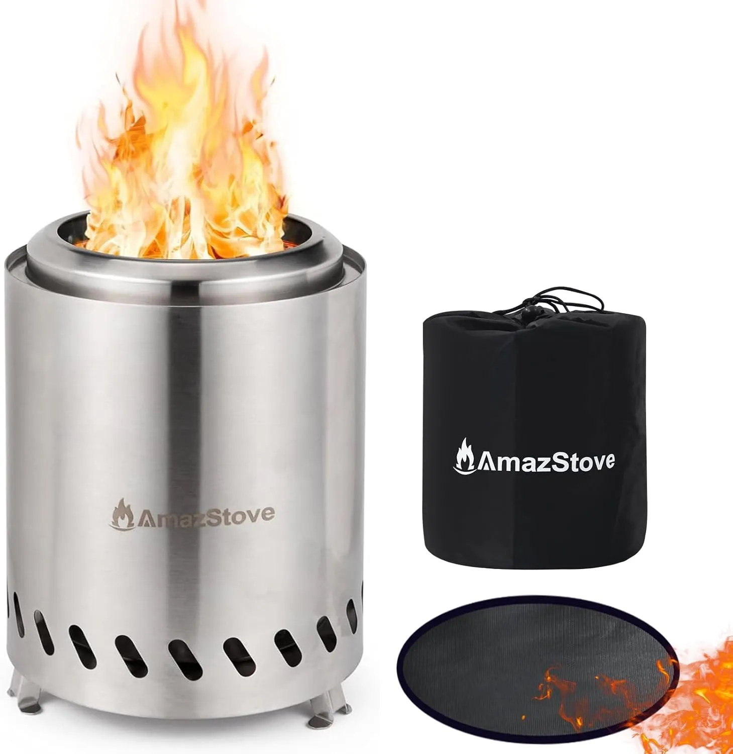 7 x 5.8 Inch Tabletop Fire Pit, Low Smoke Camping Stove for Outdoor Safe Burning Firepits, Fueled Pellets or Wood, Smokeless Firepit with Fireproof Mat, Travel Bag and Sticks, Silver