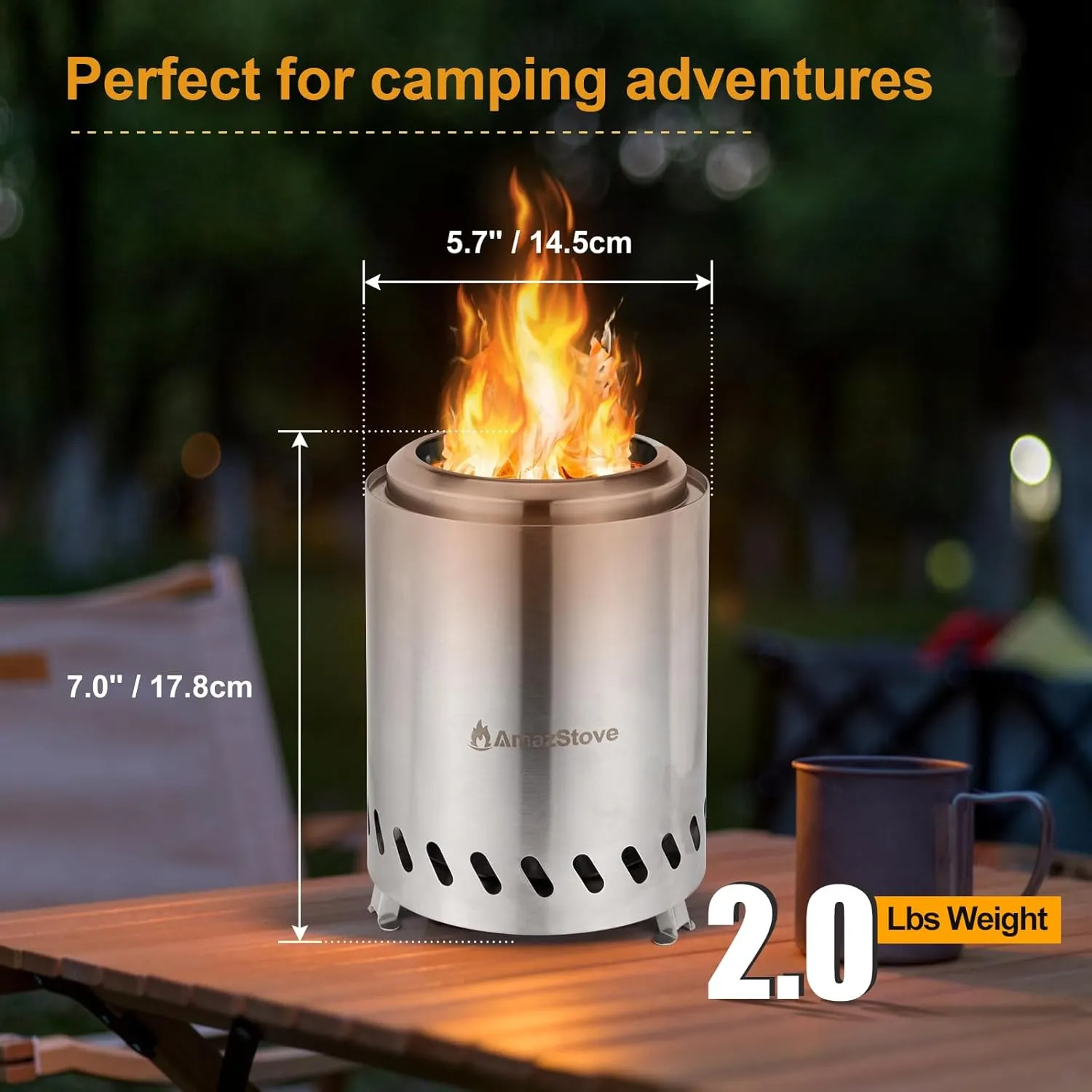 7 x 5.8 Inch Tabletop Fire Pit, Low Smoke Camping Stove for Outdoor Safe Burning Firepits, Fueled Pellets or Wood, Smokeless Firepit with Fireproof Mat, Travel Bag and Sticks, Silver
