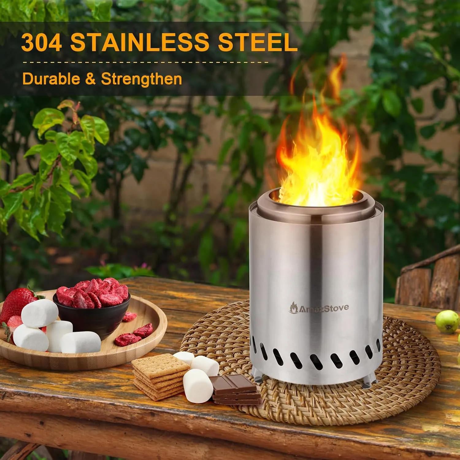 9 x 7 Inch Tabletop Fire Pit by AmazStove, Low Smoke Camping Stove for Outdoor Safe Burning Firepits, Fueled Pellets or Wood, Travel Bag Included, Silver