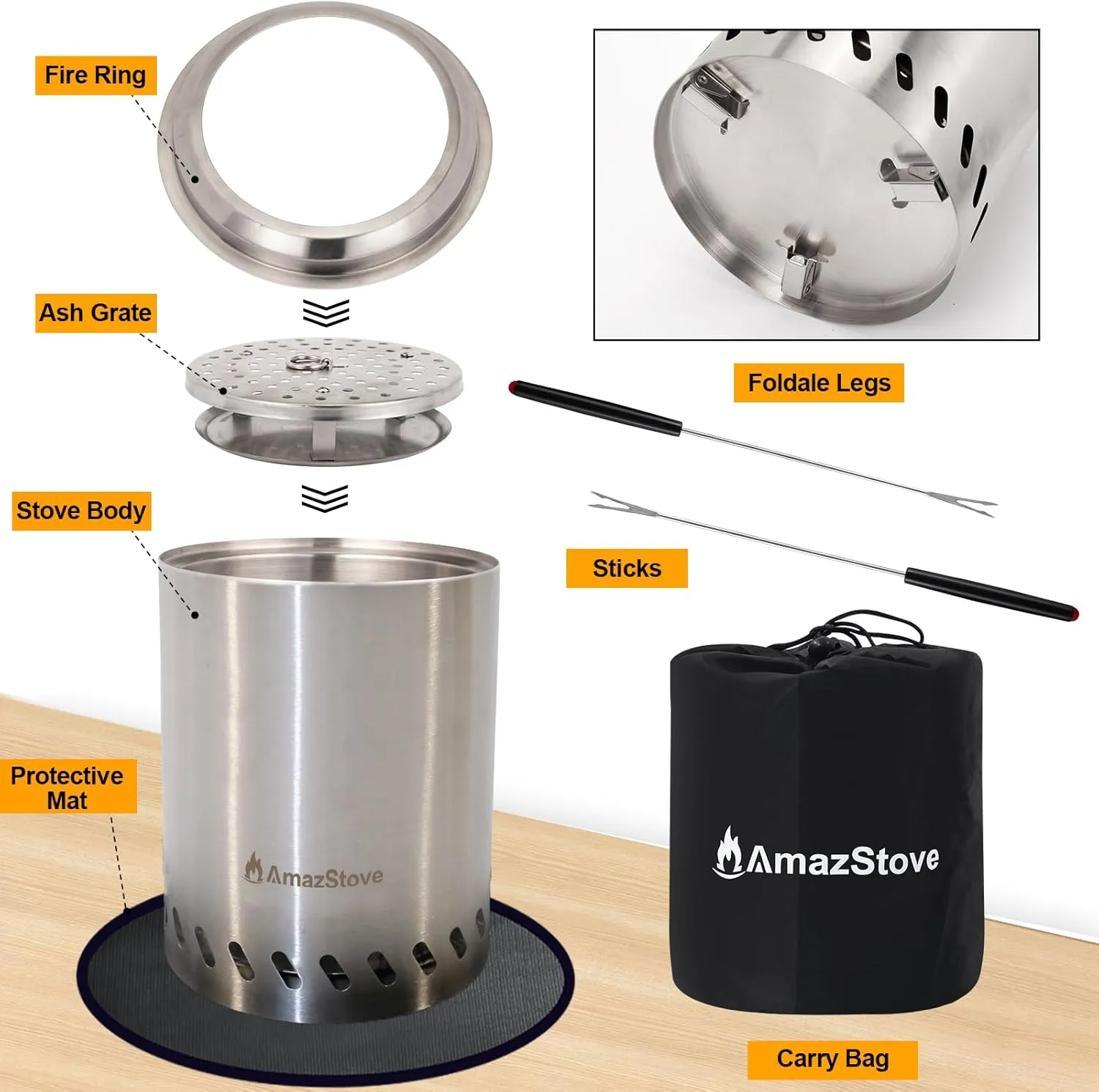 9 x 7 Inch Tabletop Fire Pit by AmazStove, Low Smoke Camping Stove for Outdoor Safe Burning Firepits, Fueled Pellets or Wood, Travel Bag Included, Silver
