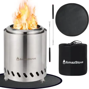 9 x 7 Inch Tabletop Fire Pit by AmazStove, Low Smoke Camping Stove for Outdoor Safe Burning Firepits, Fueled Pellets or Wood, Travel Bag Included, Silver