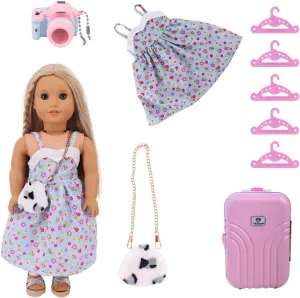 9pcs 18 Inch Girl Doll Clothes and Accessories Doll Accessories Dress Case Luggage Travel Play Set with Sleeping Bag Eye Mask Sleeping Pillow Camera Hanger(Dolls and Shoes Not Included)