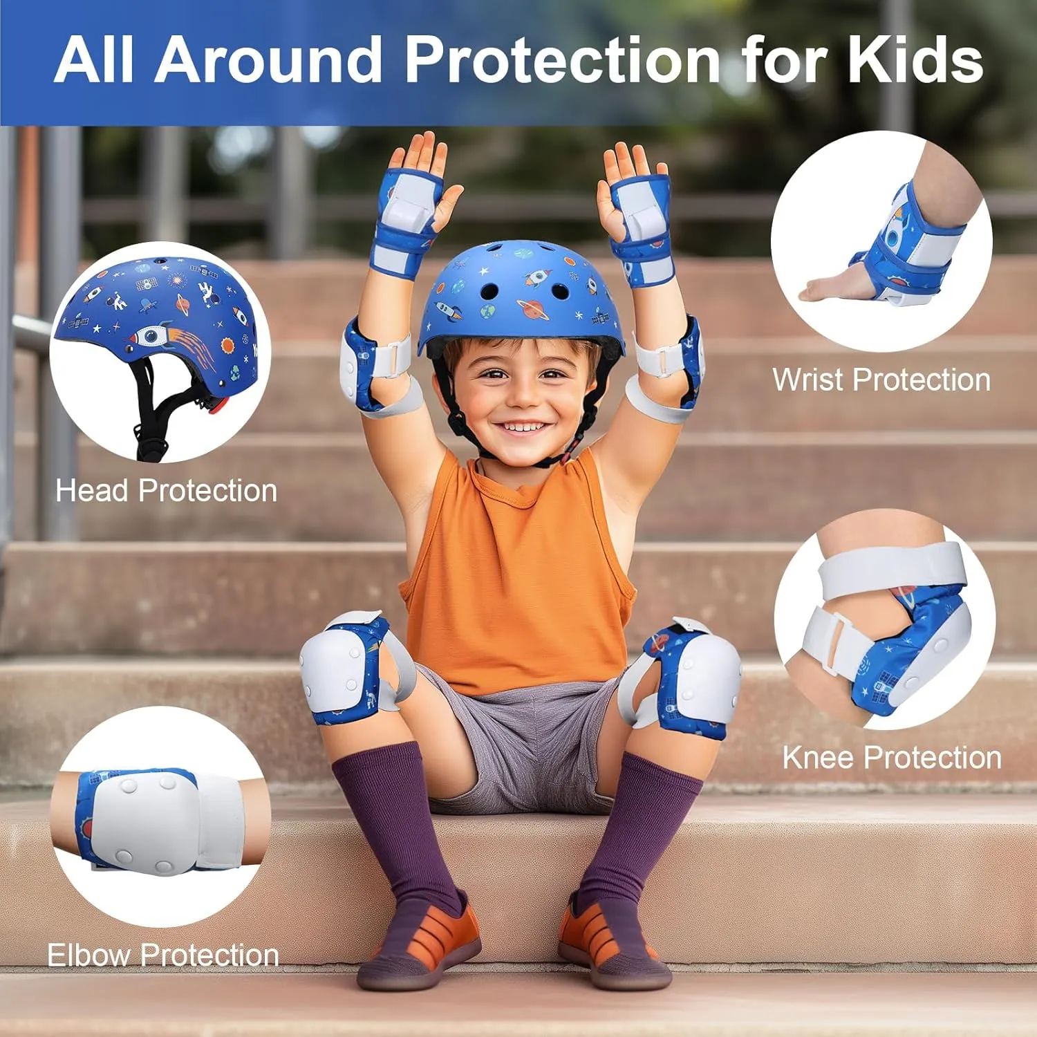 Adjustable Toddler Helmet, Kids Bike Helmets with Kid Knee Pads and Elbow Pads Set for Boys Girls 3-5/4-6/5-8 Years, Protective Gear Set for Bicycling/Skateboarding/Rollerblading/Scootering