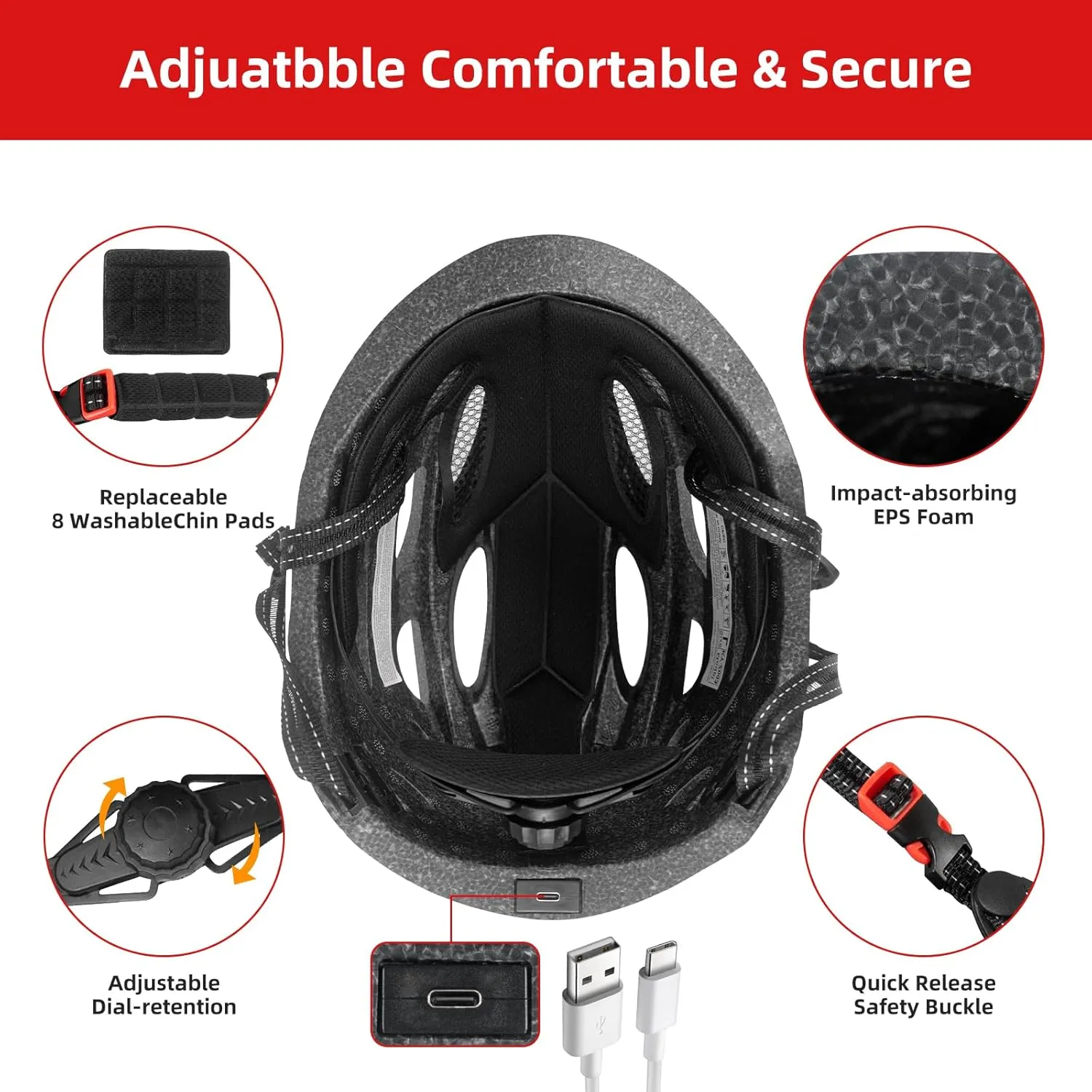 Adult Bicycle Helmet with Safety-Certified USB Port Featuring Adjustable Front and Rear LED Lights Suitable for MTB Road Bikes, Mountain Bikes, Electric Bikes, Scooters