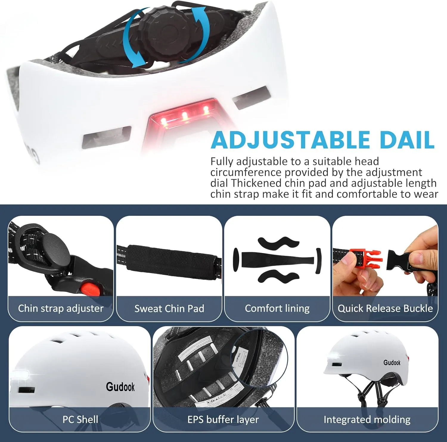 Adult Bike Helmet with Light - Bicycle Helmets Men - Women - Front and Back LED Lights Adjustable Cycling Helmet for Urban Commuter Biking Scooter
