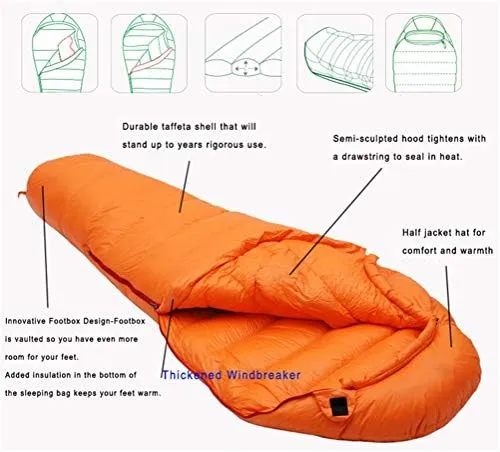 Adult Mummy Style Sleeping Bag Filled with White Goose Down Very Warm Suitable for Winter Thermal Thickness Camping Travel
