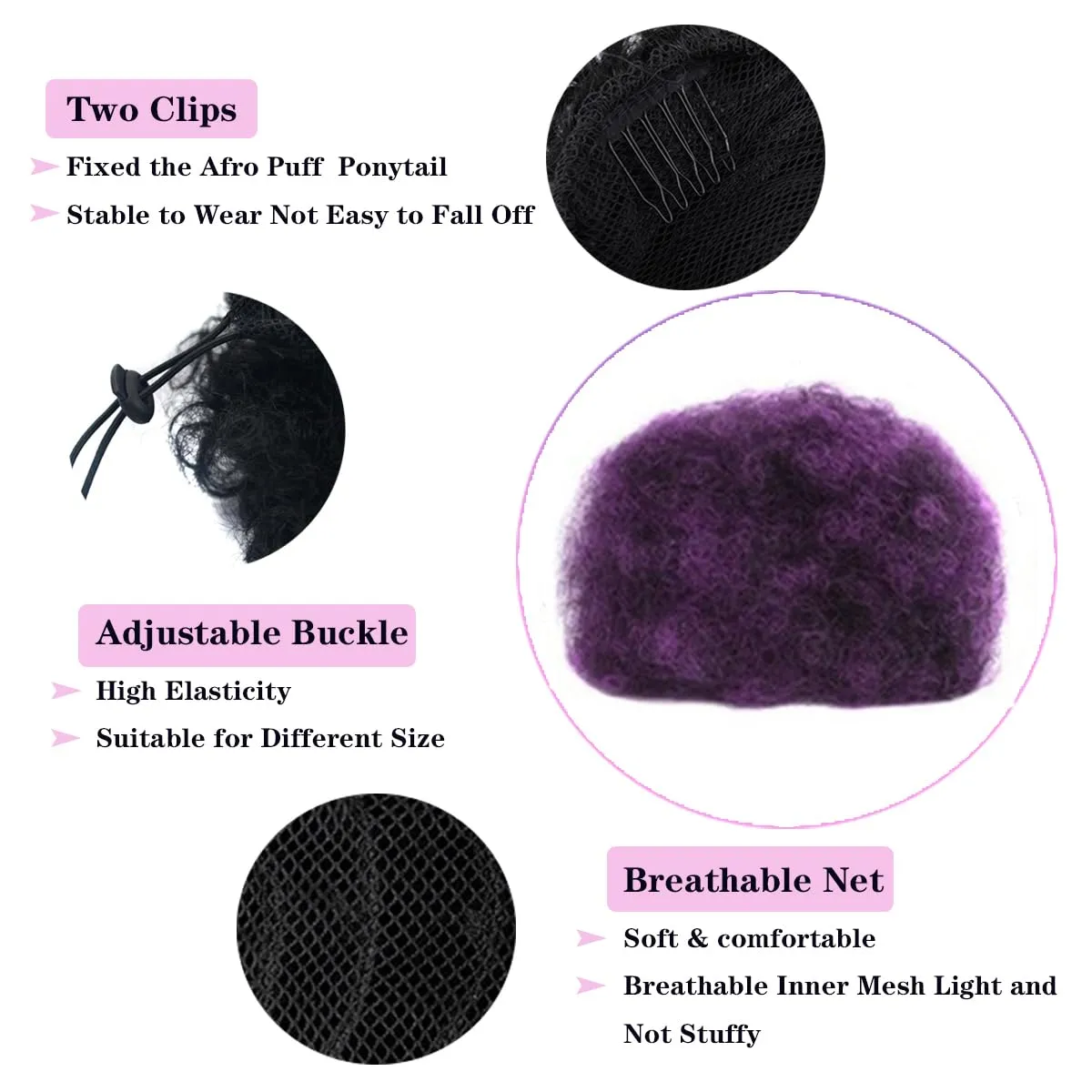 Afro Puff Drawstring Ponytail Extension for Black Women 2Pcs Premium Purple Short Synthetic Kinky Curly Bun Hair Extensions, Updo Hairpieces for Black Women Girls