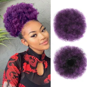 Afro Puff Drawstring Ponytail Extension for Black Women 2Pcs Premium Purple Short Synthetic Kinky Curly Bun Hair Extensions, Updo Hairpieces for Black Women Girls