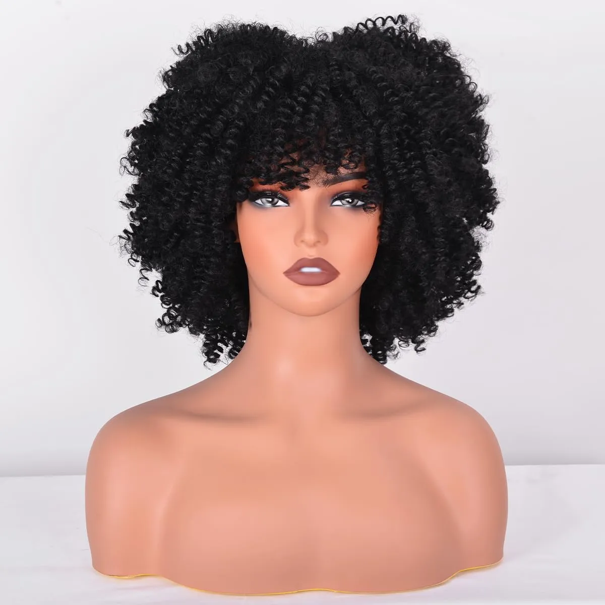 Afro Wigs for Black Women 10 Inches 230g/Piece Heat Resistant Machine Made Synthetic Short Kinky Curly Hair Wig with Bangs for 70s Party (Black)
