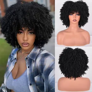 Afro Wigs for Black Women 10 Inches 230g/Piece Heat Resistant Machine Made Synthetic Short Kinky Curly Hair Wig with Bangs for 70s Party (Black)