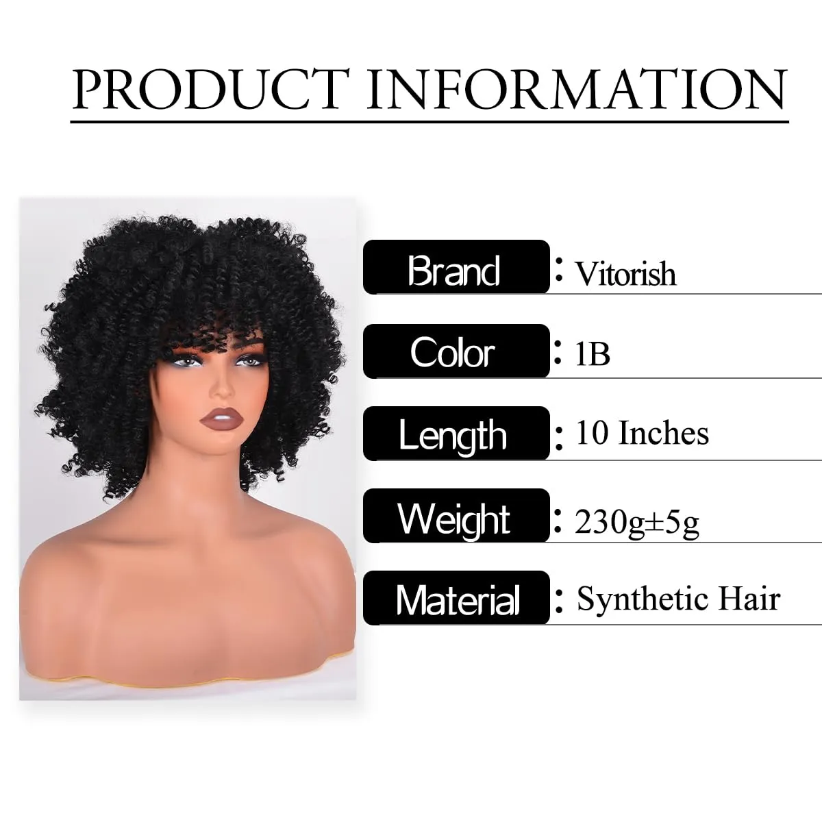 Afro Wigs for Black Women 10 Inches 230g/Piece Heat Resistant Machine Made Synthetic Short Kinky Curly Hair Wig with Bangs for 70s Party (Black)