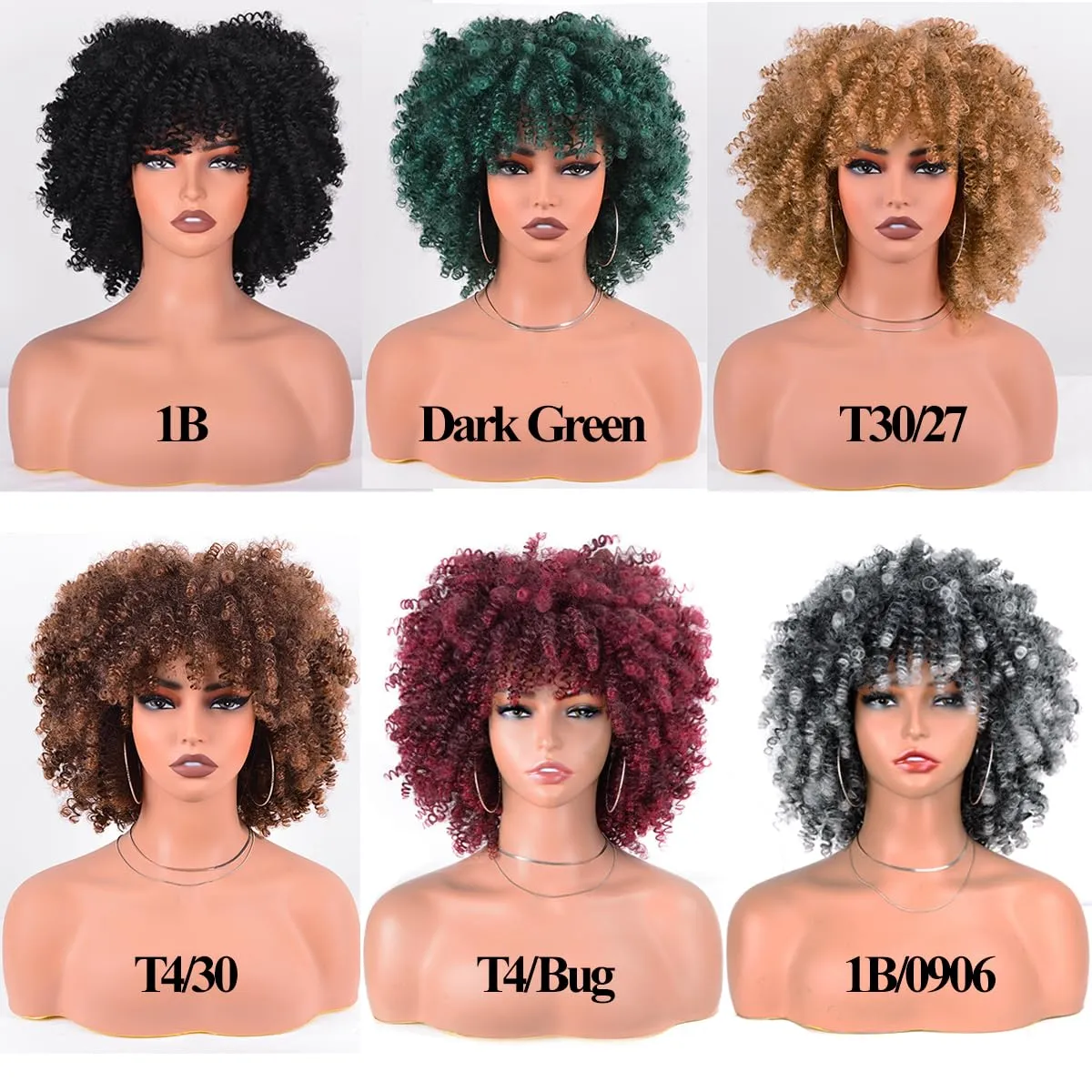 Afro Wigs for Black Women 10 Inches 230g/Piece Heat Resistant Machine Made Synthetic Short Kinky Curly Hair Wig with Bangs for 70s Party (Black)