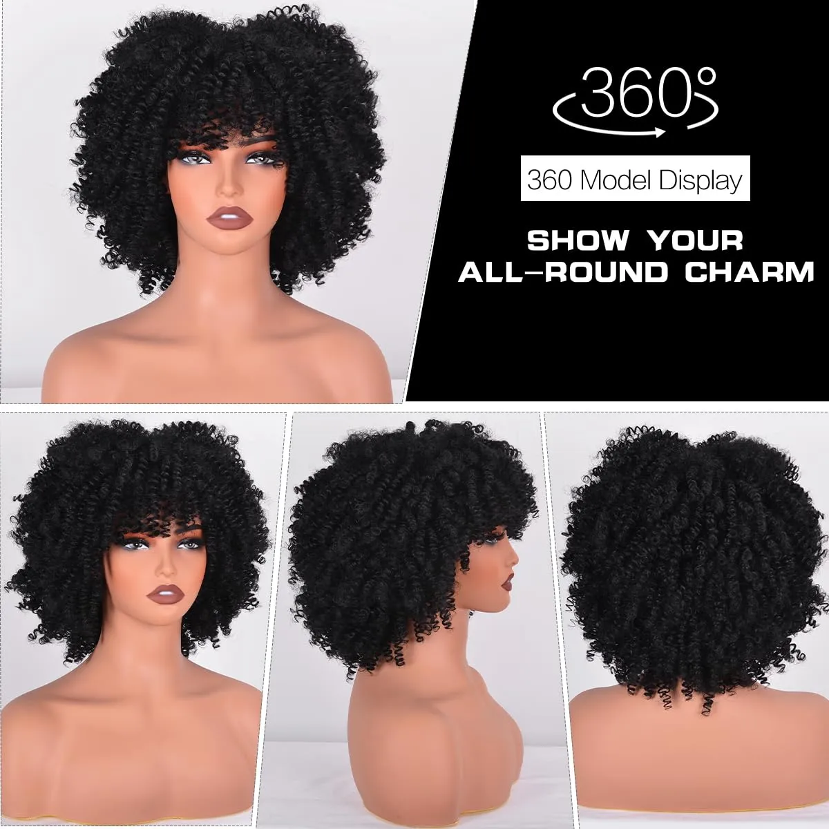 Afro Wigs for Black Women 10 Inches 230g/Piece Heat Resistant Machine Made Synthetic Short Kinky Curly Hair Wig with Bangs for 70s Party (Black)