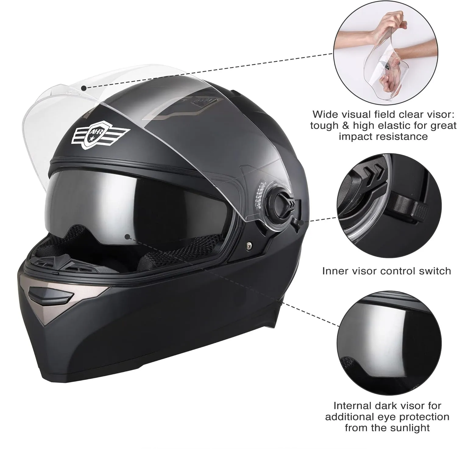 AHR Motorcycle Full Face Helmet Dual Visor Street Bike Lightweight DOT Approved Helmet Snowmobile Touring Sports for Adult Run-F