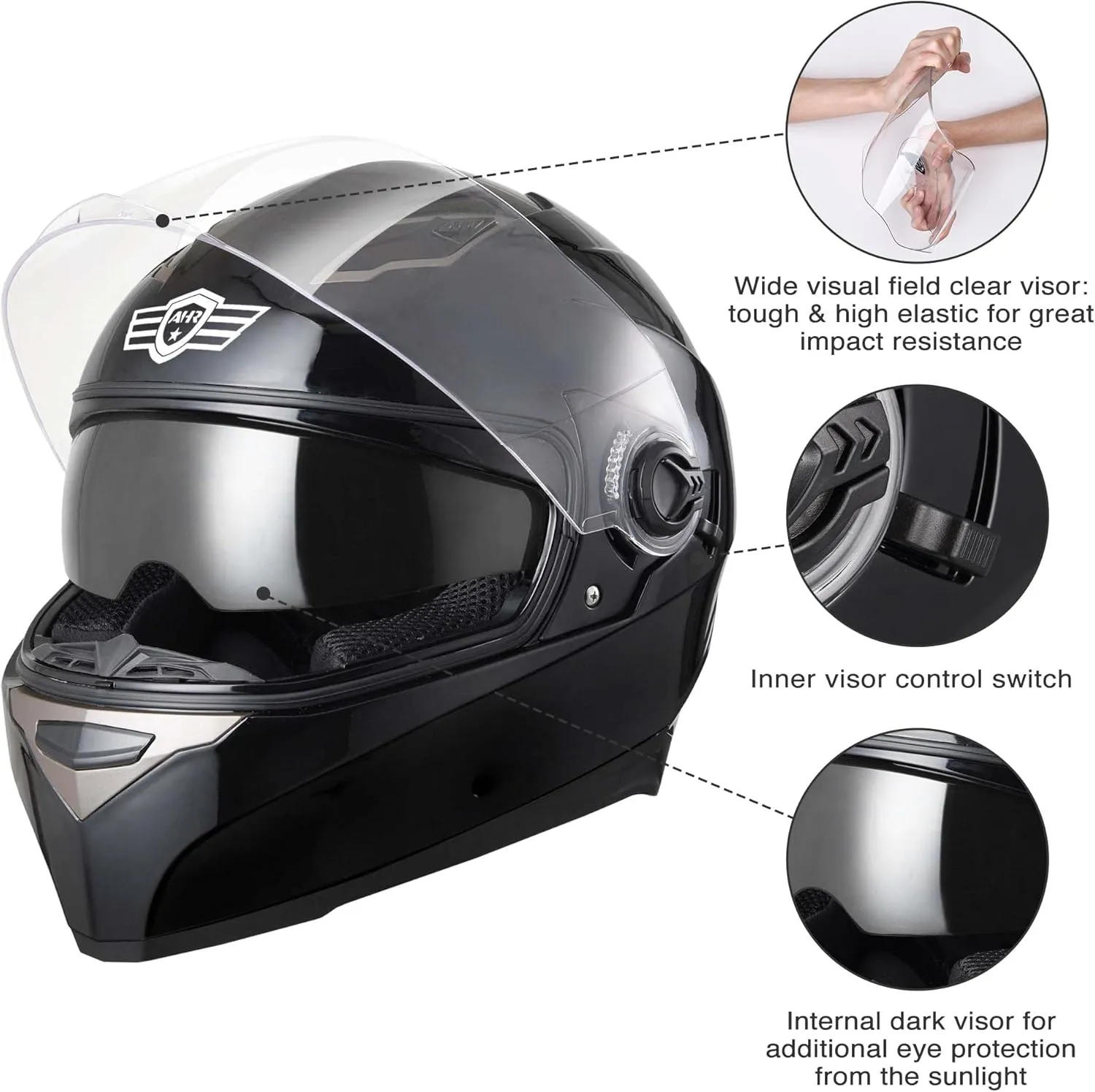 AHR Motorcycle Full Face Helmet Dual Visor Street Bike Lightweight DOT Approved Helmet Snowmobile Touring Sports for Adult Run-F