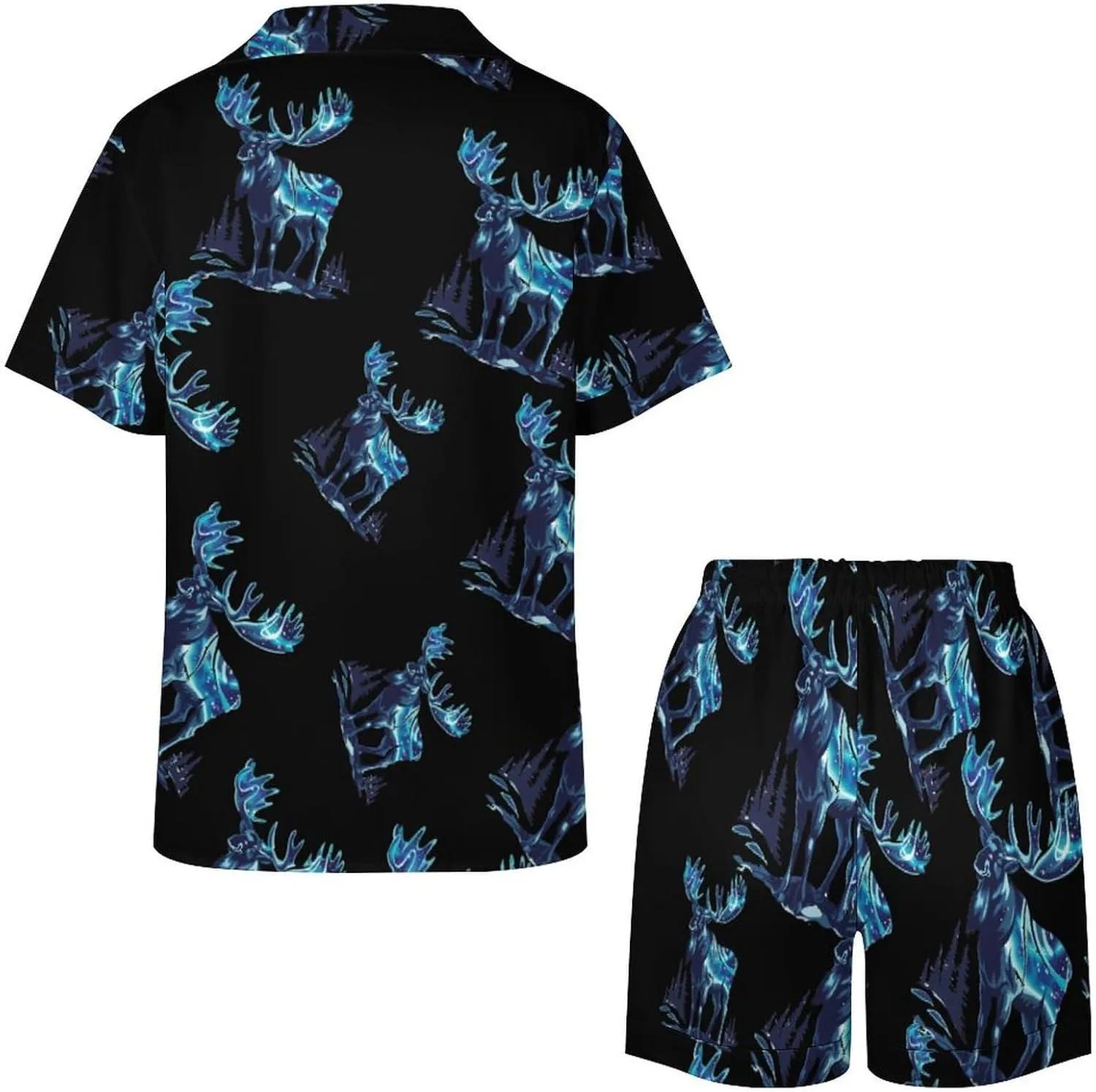 Alaskan Moose with Aurora Borealis Snowy Scene Women's Satin Pajama Set Short Sleeve Button Down Sleepwear Loungewear Pj Set