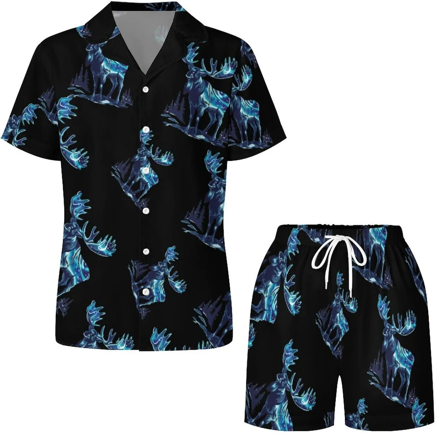 Alaskan Moose with Aurora Borealis Snowy Scene Women's Satin Pajama Set Short Sleeve Button Down Sleepwear Loungewear Pj Set